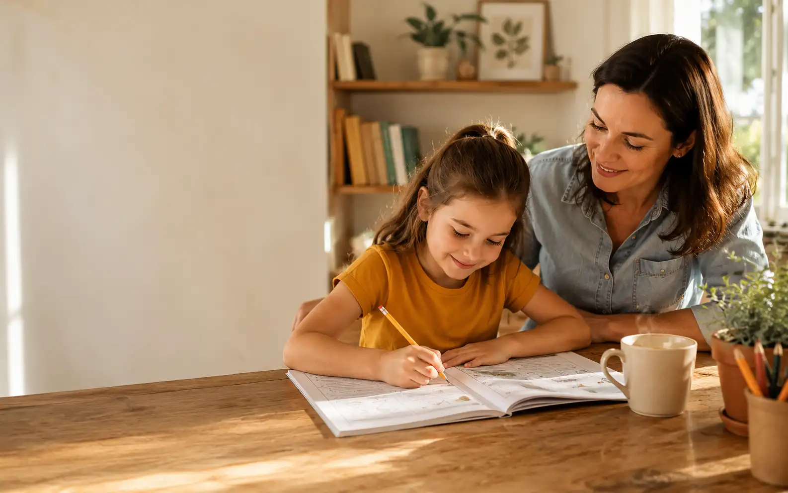A homeschool child writing on paper at a kitchen table