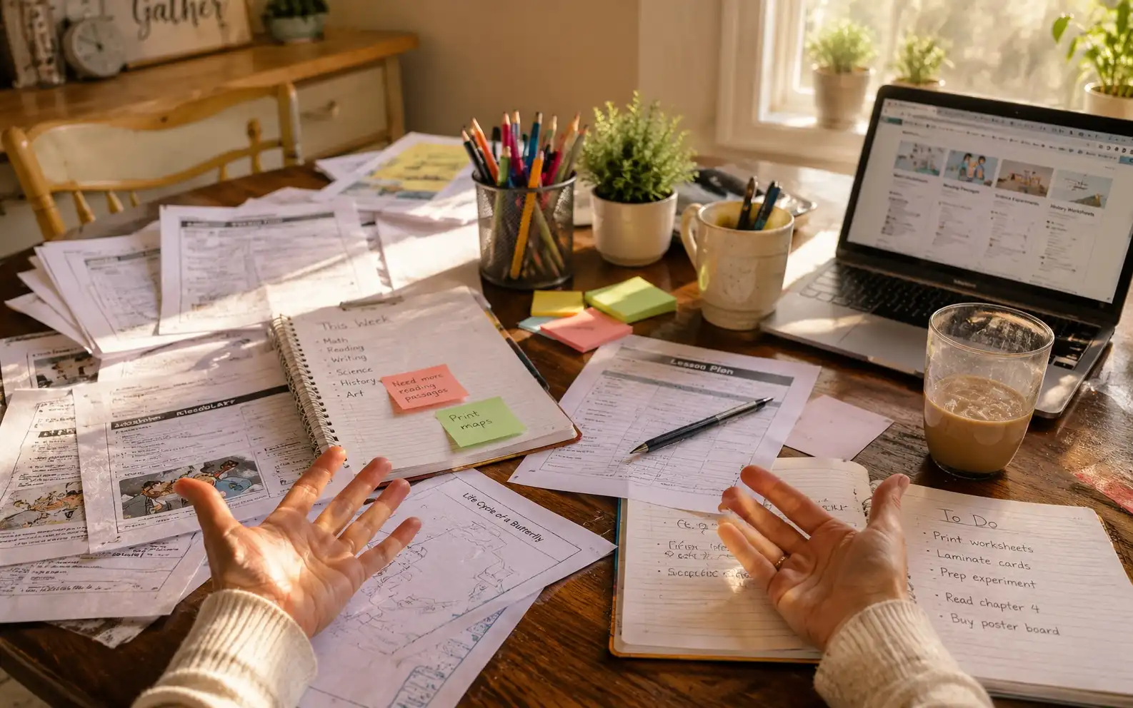 Scattered homeschool worksheets and a parent's overwhelmed workspace