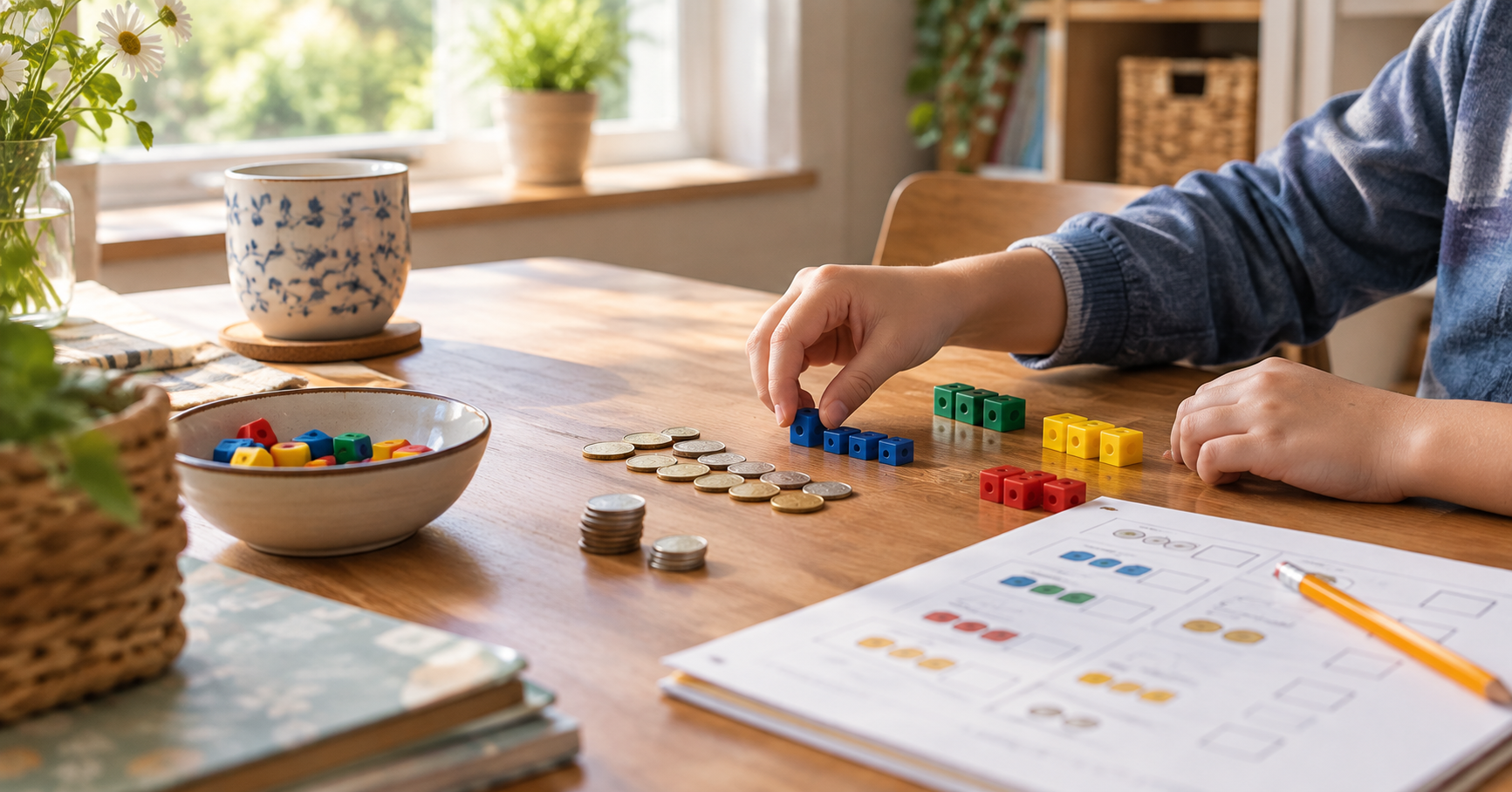 A child's hands sorting counting blocks and coins on a kitchen table beside a printed math worksheet in morning light.