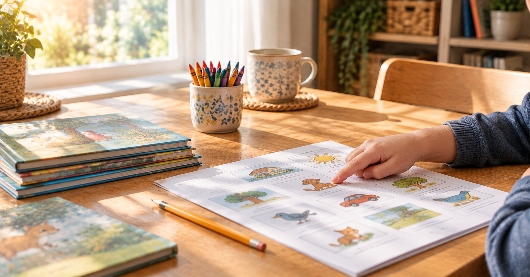 A child's hand pointing to a word on a printed reading worksheet at a sunlit kitchen table with picture books nearby.