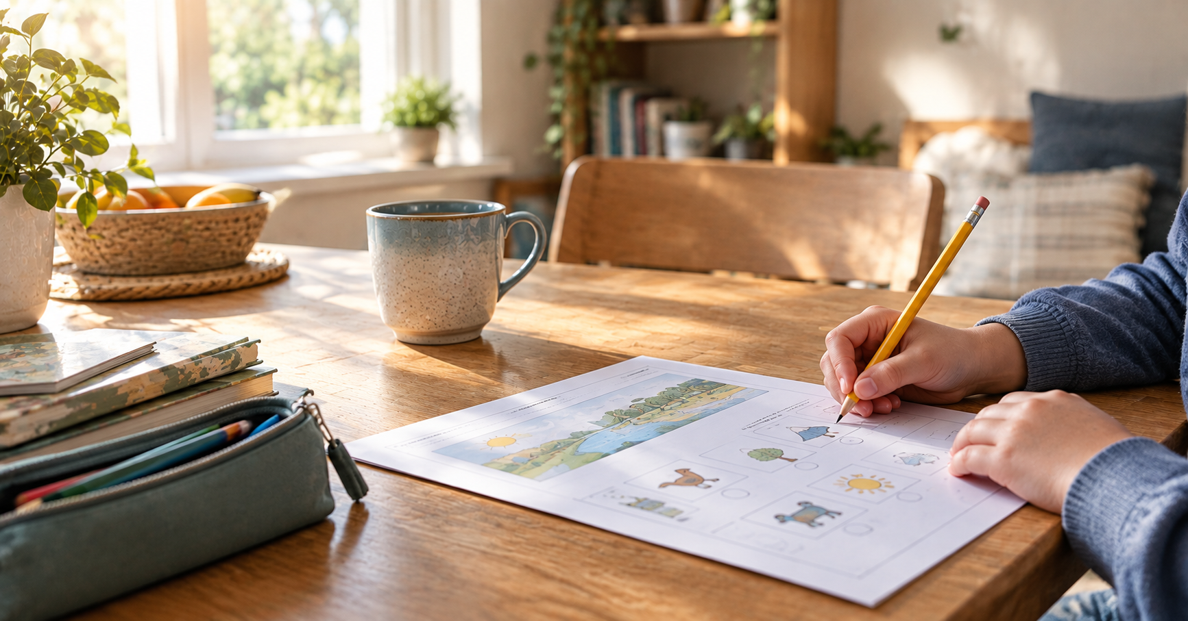 A child's hands writing on a printed lesson page at a kitchen table in morning light, no face visible.