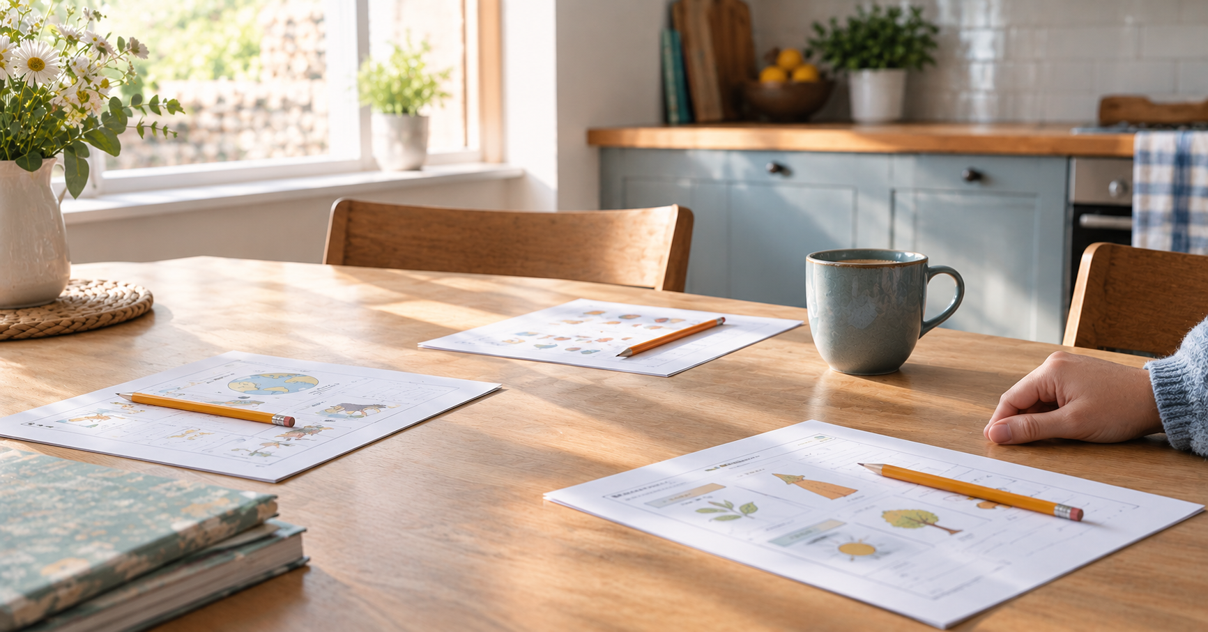Printed lesson sheets and pencils laid out on a kitchen table before homeschool lessons start