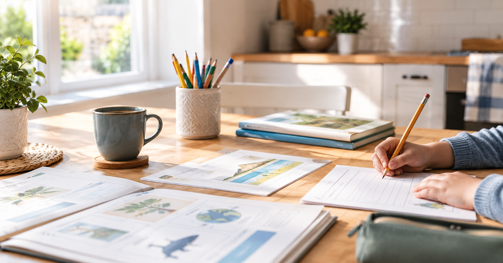 Printed homeschool lesson pages and a child's hands writing at a sunlit kitchen table.
